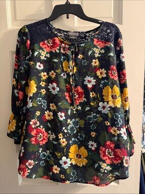 Van Heusen Navy Floral Lace Yoke Tie-Neck Blouse